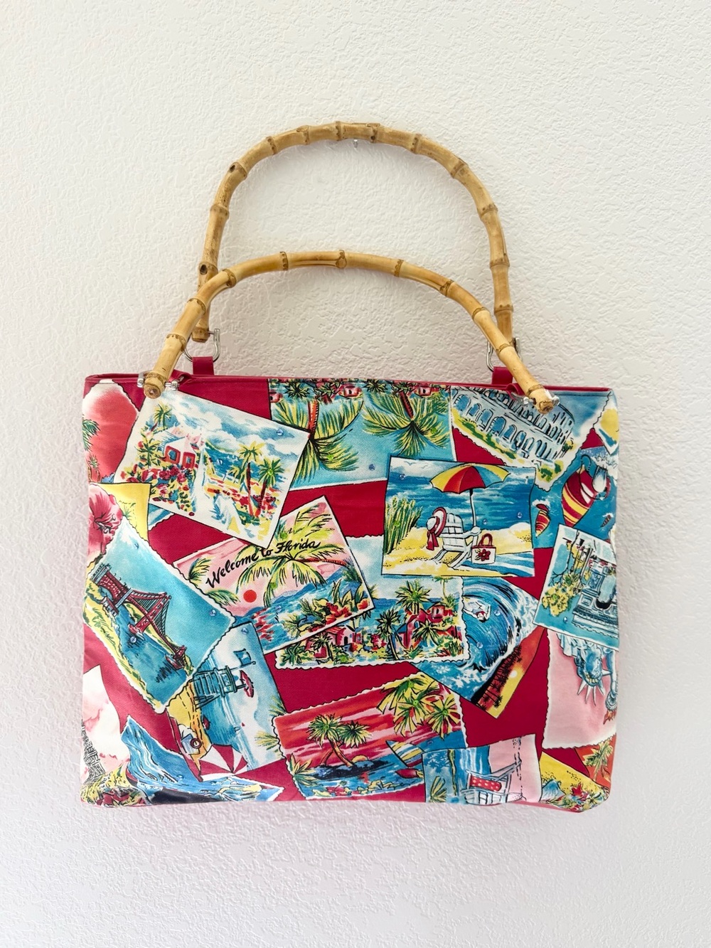 Tropical Postcard Print Bamboo Handle Tote • Snap Closure • Zippered Pocket